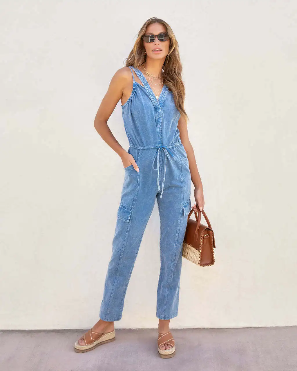 FUAMOS New Spring Summer Washed Korea Denim Strap Pants Women's Leisure European American Loose Jumpsuits Casual Woman Trousers