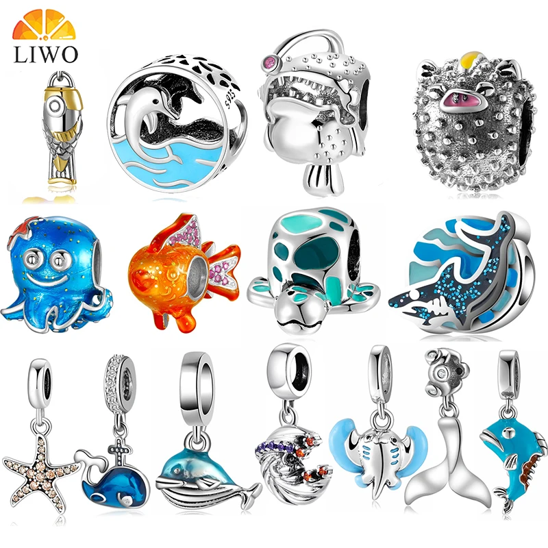 

Liwo, браслет из серебра 925 пробы с бусинами в виде карпа, золотой эмалированный Шарм, бусины в виде морской рыбы и русалки, бусины в виде драгоц...