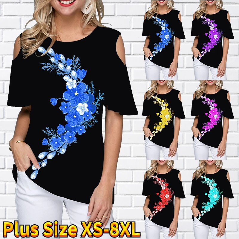 

Women 3D Floral Print Top Summer Sexy T-shirt Ladies Round Neck Casual Short Sleeve Female Temperament Off-the-shoulder Pullover