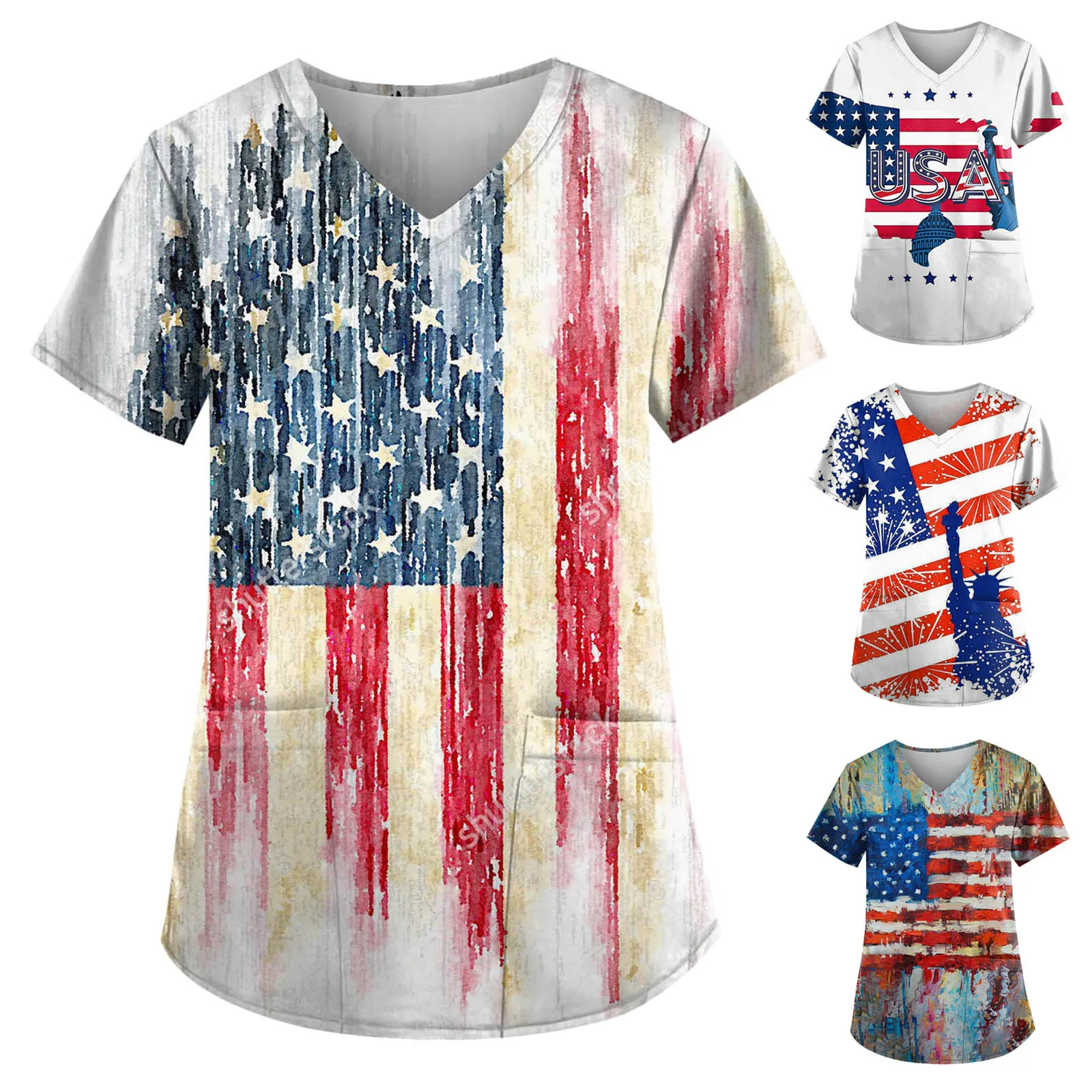 

Women Casual V Neck Short Sleeve Top Independence Day Print Short Sleeve Woman Shirts Short Sleeve Long Sleeve T Shirt Women Set
