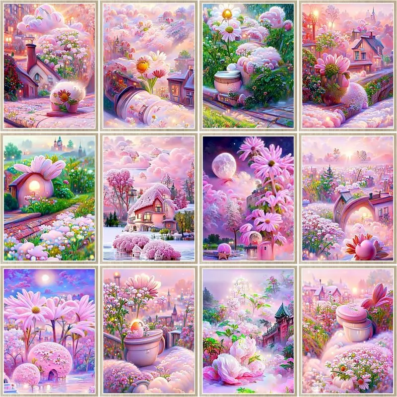 

CHENISTORY Painting By Number Flower Kits Handpaint Picture By Number Pink Dream House Scenery Drawing On Canvas Home Decor