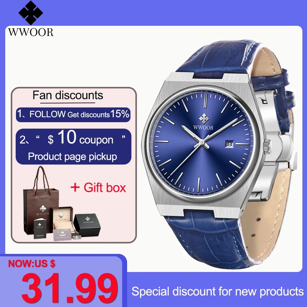WWOOR New Casual Quartz Clock Luxury Watch For Men Casual 10 Bar Waterproof Business Wristwatch Male ​Leather Strap Reloj Hombre