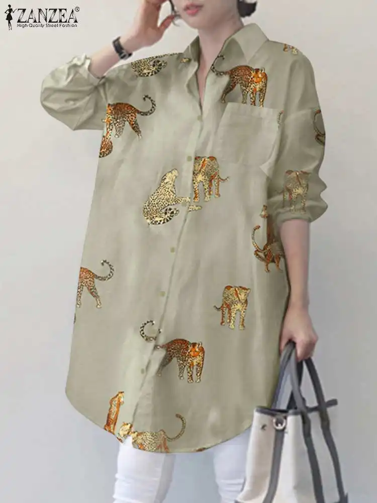 

ZANZEA OL Printed Shirt Women Spring Autumn Lapel Tops Casual Long Sleeve Blouse Fashion Maxi Blusa 2022 Irregular Chemise Tunic