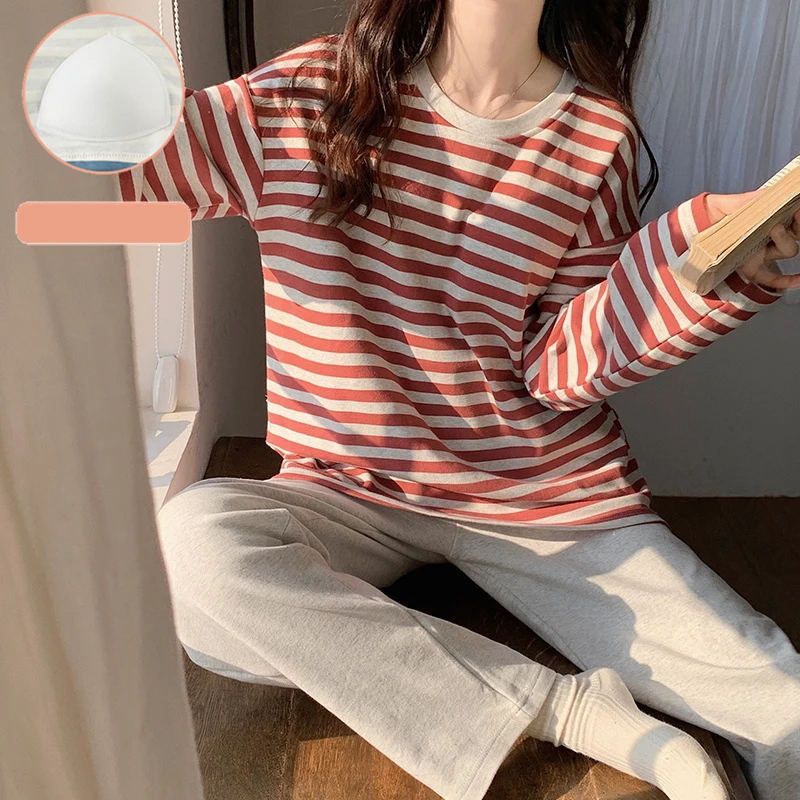 Pure Cotton Pajamas Women's Spring and Autumn stripe With chest pad Pijama Mujer Couple Night suits Homewear