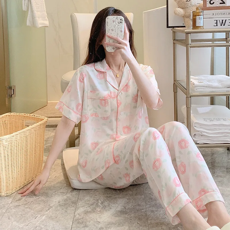 Cotton silk pajamas women's summer new style printed short-sleeved cardigan two-piece suit spring and autumn thin ladies home