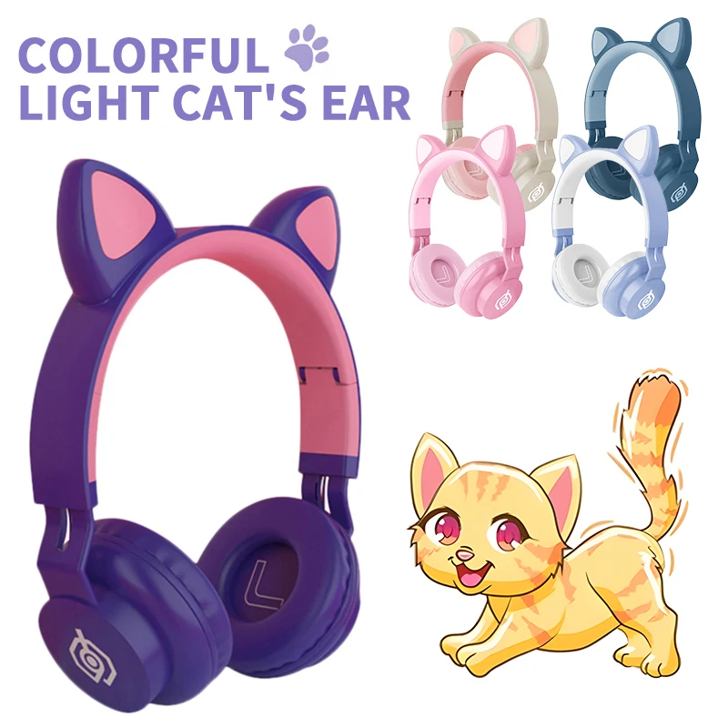 

Беспроводные наушники с кошачьими ушками для ПК, ноутбука, подарок для детей, светящиеся 5,0 наушники со светодиодсветодиодный подсветкой, б...