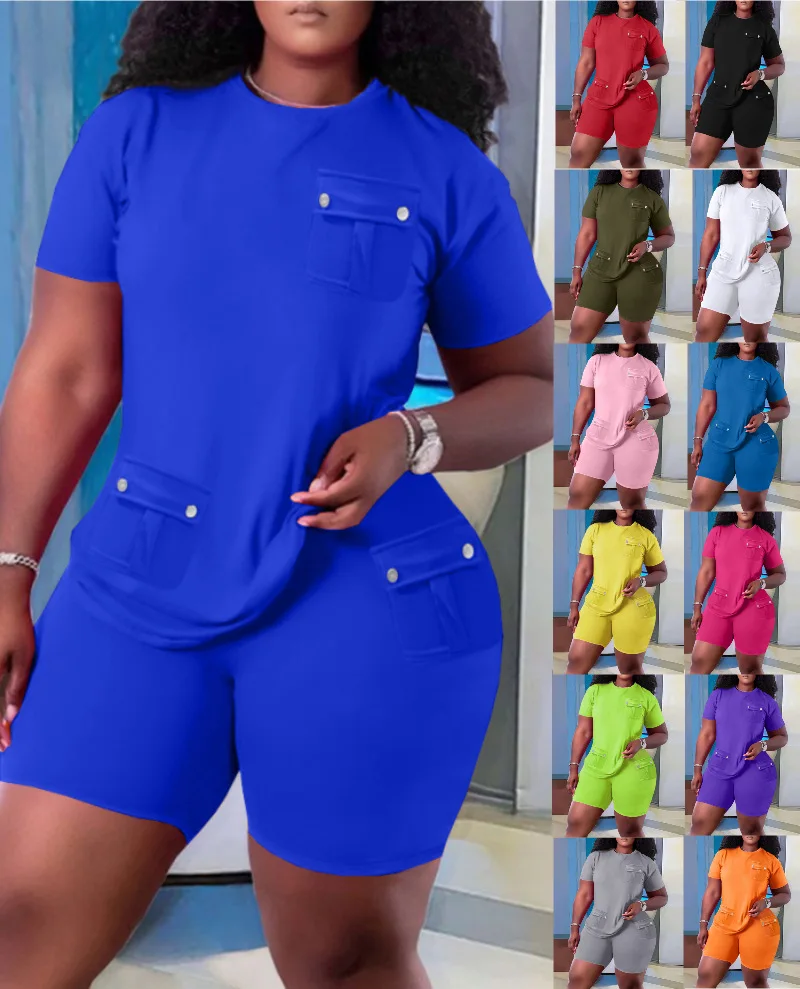 

Casual Women's Tees+Shorts 2 Piece Sets 2023 Summer Fashion Solid Short Sleeve Home Patch Bag Tops Pants Suit S-XXXXL