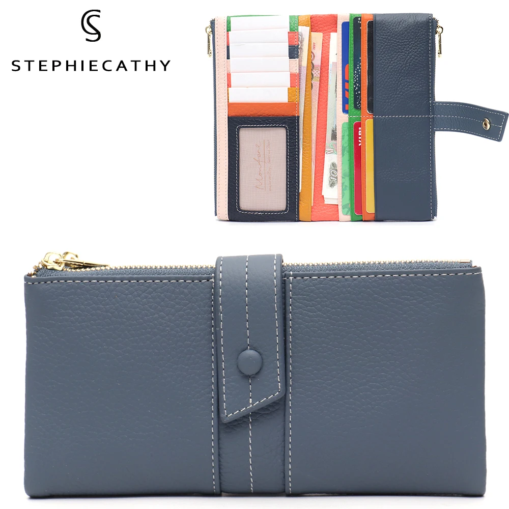 

SC Fashion Soft Genuine Leather Women Long Wallet Thread Pattern Colorful Interior Cardholder Bifold Zip Coin Purse Multi Pocket