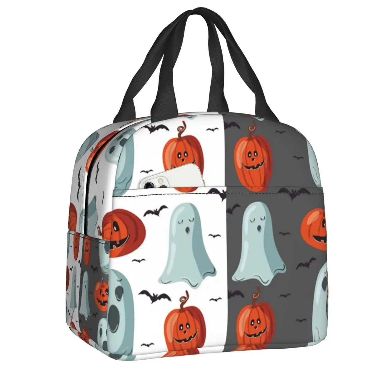 

Scary Boo Halloween Witchy Bats Pattern Thermal Insulated Lunch Bag Women Spooky Ghosts Portable Lunch Container Food Box