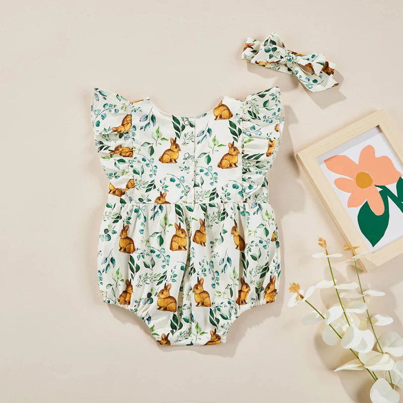 

Infant Baby Girl Summer Jumpsuit, Fly Sleeve Round Neck Romper Flower Leaf Rabbit Print Bodysuit + Headband