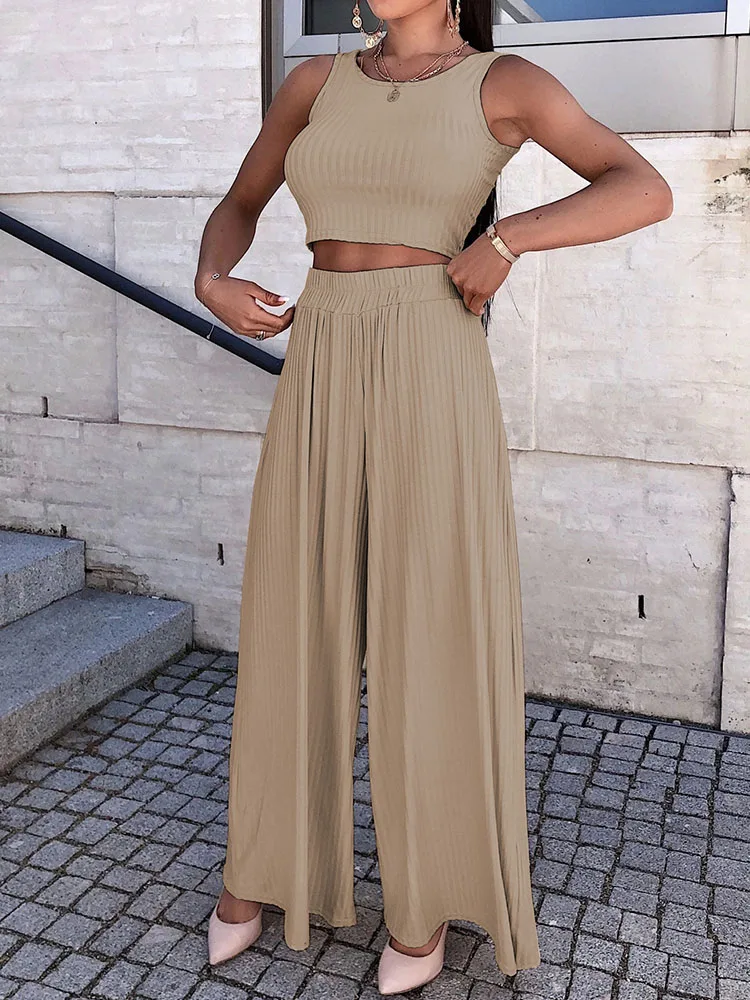 

Summer Solid Fashion Sports Suit Women O Neck Sleeveless Tank Top & Elastic Waist Long Pant Outfits New Casual Rib Tracksuit 2pc