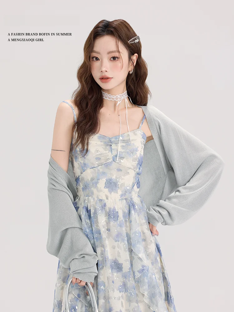 Короткий синий кардиган Meng Xiaoxiao для защиты от солнца женская летняя тонкая юбка