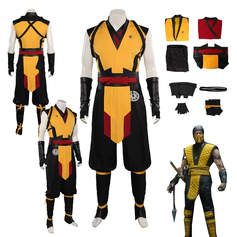 

Мужской костюм скорпиона косплея костюм для игры Mortal Cos Kombat комплект ролевых игр жилет брюки пояс мужской костюм на Хэллоуин Карнавал Маскировка Костюм