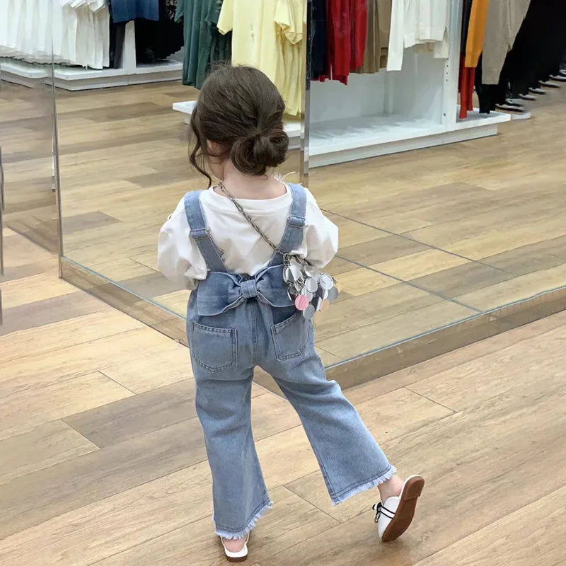 

2023 Children Girl Autummn Spring Clothes Set Cotton Denim Patched Bowknot Suspender Suit Solid Loose Bottoming Shirt Kid Outfit