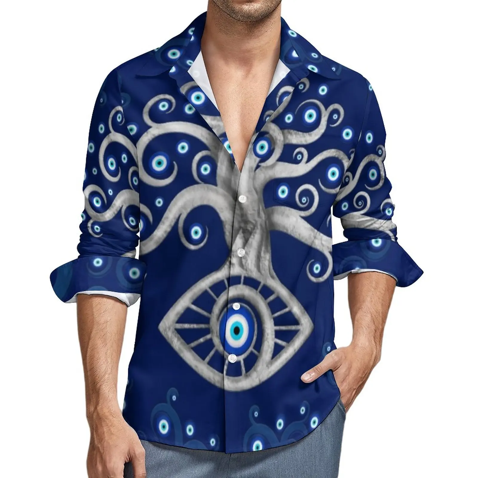 Evil Eye Tree Casual Shirts Men Greek Amulet Print Shirt Long Sleeve Loose Y2K Blouses Autumn Custom Clothing Plus Size