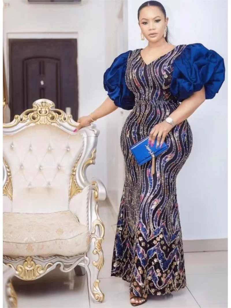 

Long African Mermaid Dress Women Puff Sleeve With Sequin Robe Summer New Fashion Empire Elegant Party African Maxi Dress Vestido