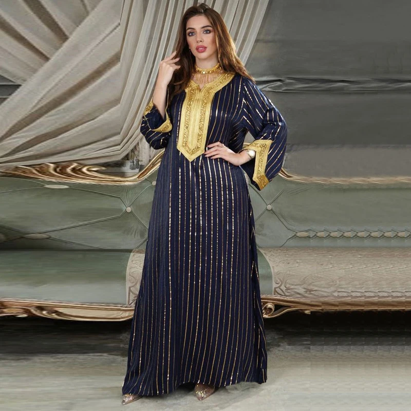 Женское платье макси в этническом стиле, элегантное праздвечерние чное платье в арабском стиле с длинным рукавом, поясом и V-образным вырезо...