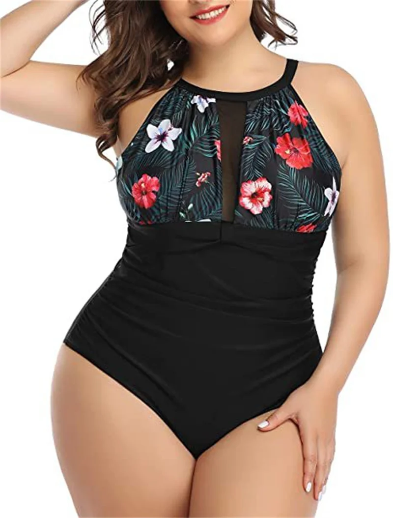 

Tummy Control Swimwear Black Halter One Piece Swimsuit Ruched Padded Bathing Suits for Women Slimming Striped Mesh Monokini 2022