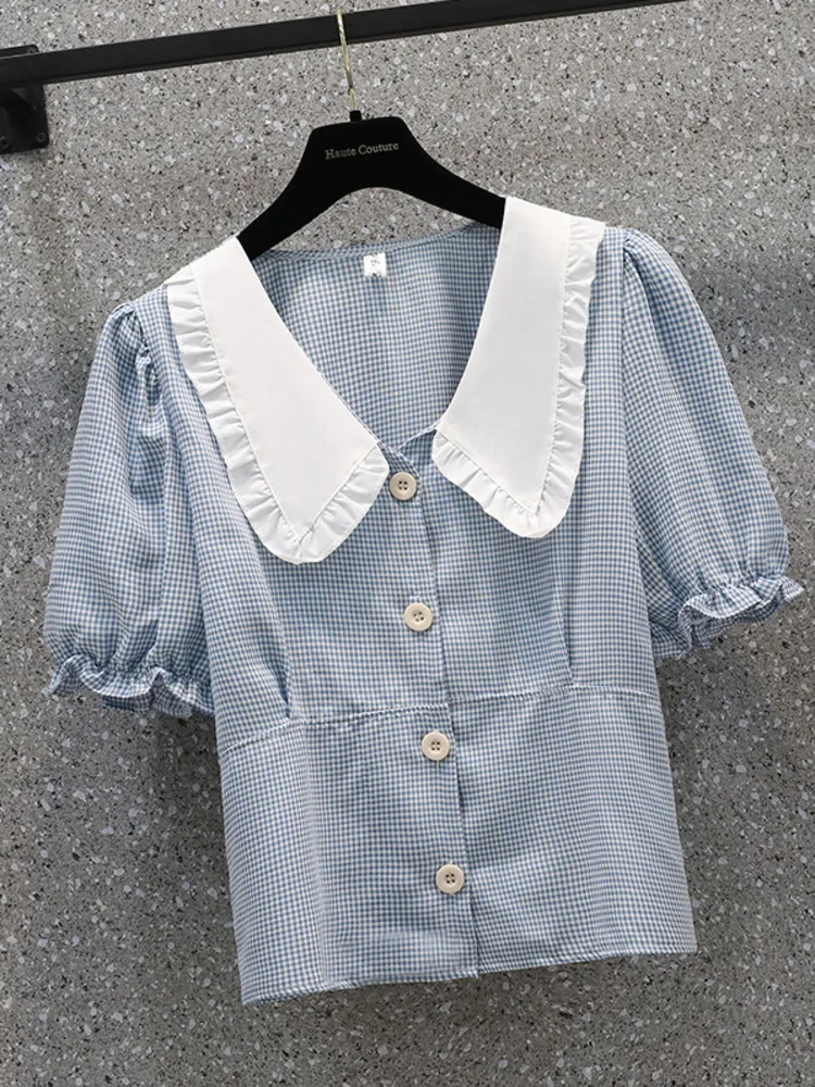 

Oversize M-4XL Short Blouses Women Summer Fashion Short Sleeve Slim Large Shirts Big Peter Pan Collar Single Breasted Tops