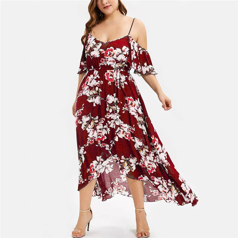 Plus Size Women Dress Sexy Off Shoulder Spaghetti Strap Beach Dress Boho Floral A-Line Loose Irregular Maxi Dress Vestidos Mujer