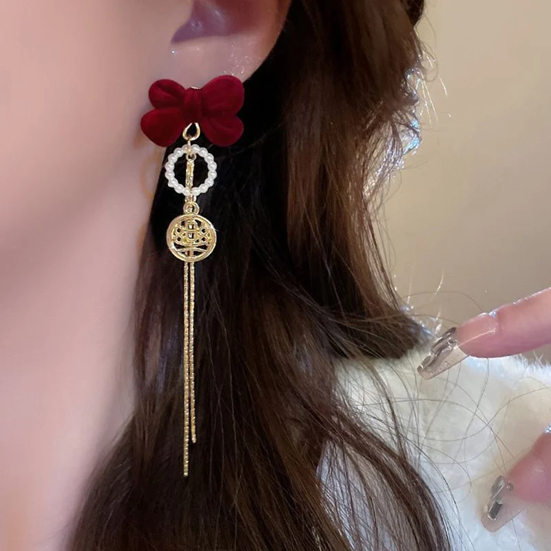 Новые модные зимние красные бархатные серьги KADRUFI с бантом и жемчугом для женщин