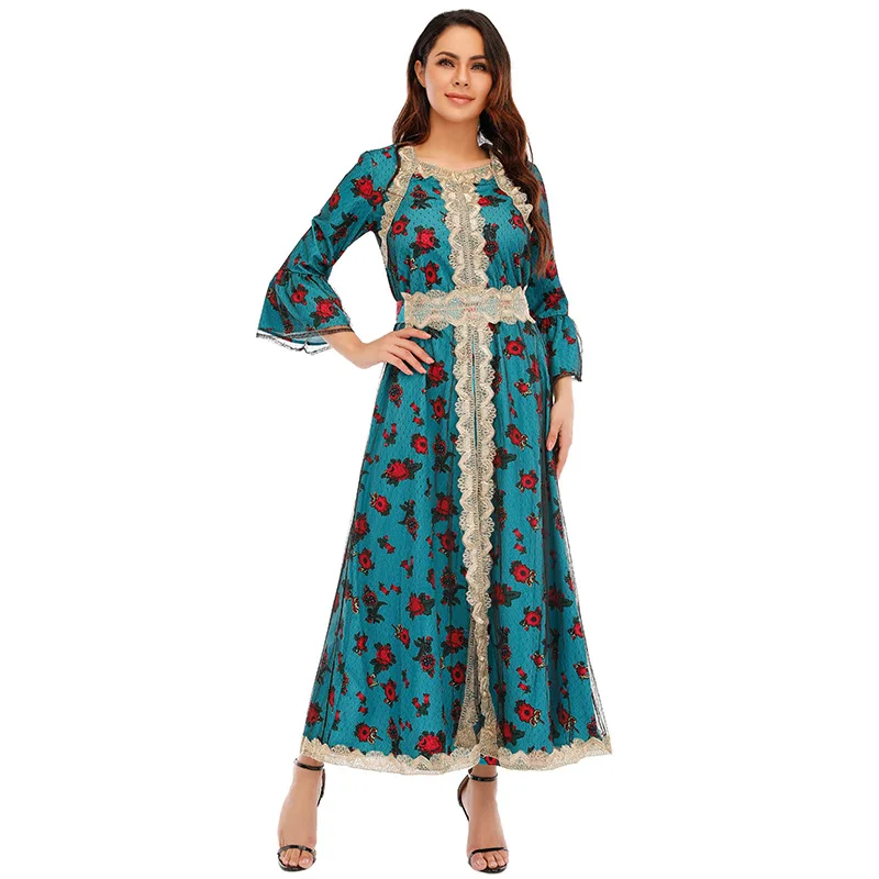 Donsignet Muslim Dress Muslim Fashion Abaya Dubai Printed Embroidered Lace Gauze Woman Abaya Elegant Long Dress Abaya Turkey