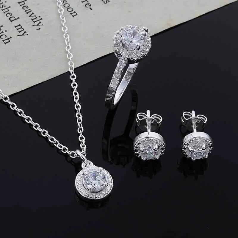 

Real 925 Sliver Necklace Ring Jewelry Earrings Set Three-piece Topaz Bizuteria Gemstone Pendant Stud Garnet Earring for Women
