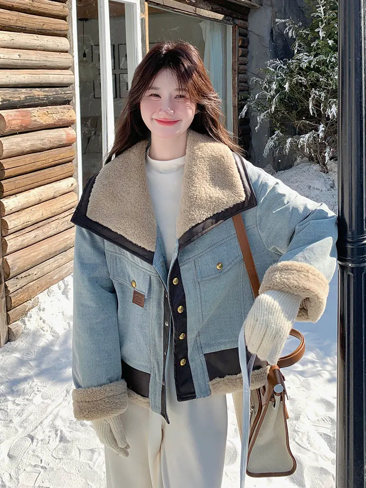 2024 осень и зима новый белый утиный пух теплый пуховик с мехом парка женское синее