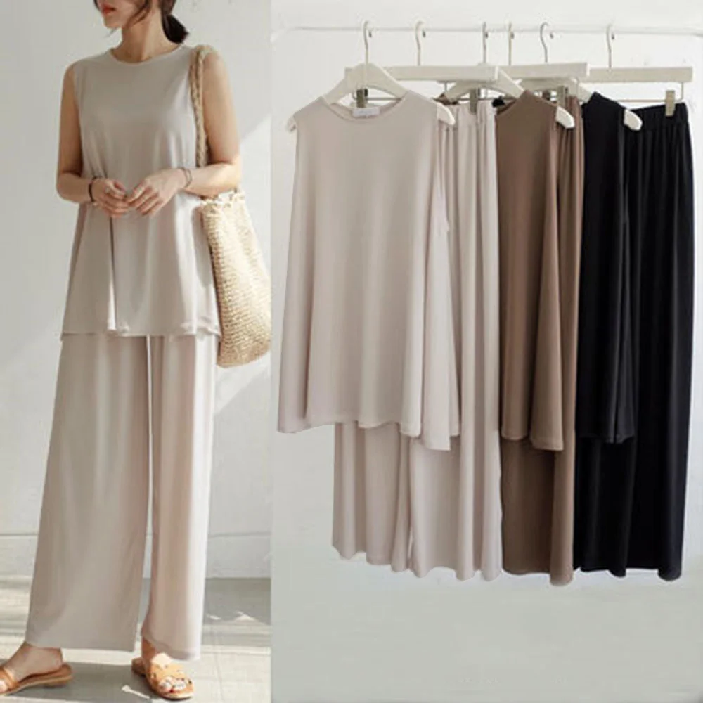 

Women's Two Piece Sets Wide Leg Pants And Tank Top Casual Plain Round Neck Summer Comfortable Woman Clothing Casual 2 Pcs Set