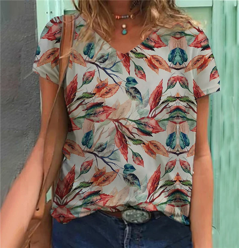 

2022 New Womens Casual Summer Tops Floral Short Sleeve V Neck Tee T Shirt Printed Loose Tunic Fashion Lady Tops