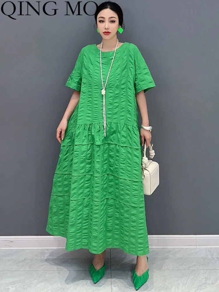 QING MO 2023 Summer New Korean Style Casual Jacquard Dress Women Shows Thin Green Color Short Sleeve Dress ZXF2956