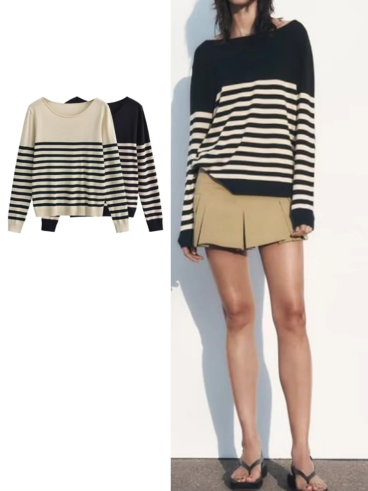 

TRAF Autumn Winter Woman Fashion Long Sleeve Striped Sweater Knitwear Casual O Neck Folds Tops Female Pullover Y2K Clothing
