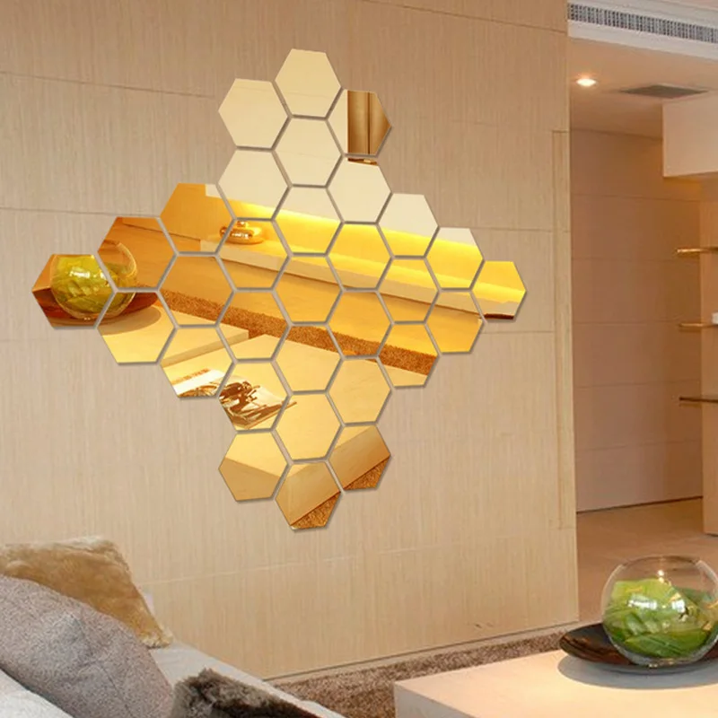 

3D Hexagon Acrylic Mirror Wall Stickers DIY Art Wall Decor Stickers Home Decor Living Room Mirrored Sticker Gold Miroir Mural