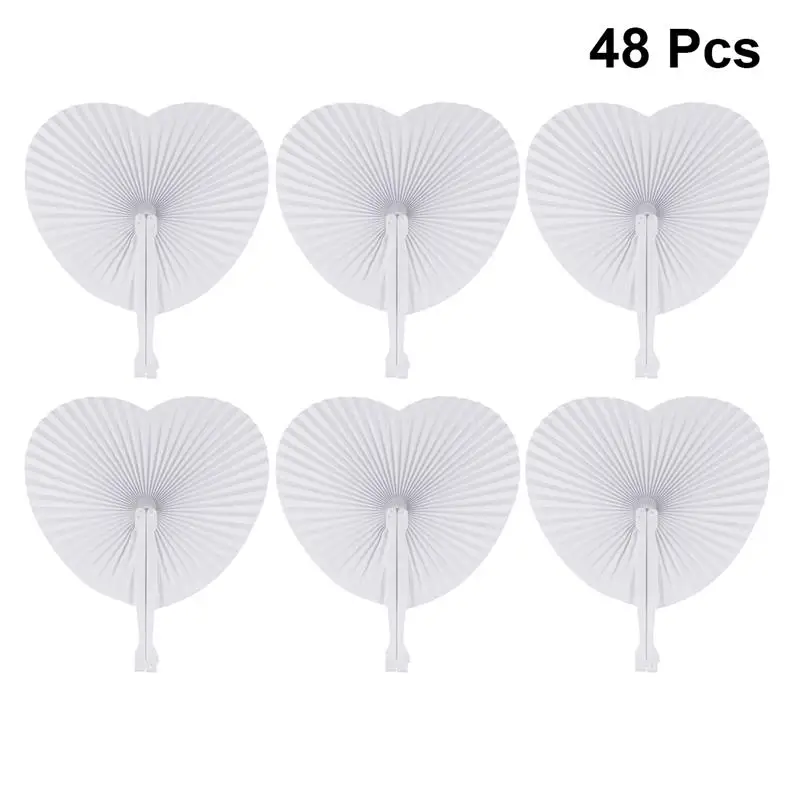 

48pcs Paper Heart Shape Fans Blank Handheld Folding Fan Party Favors for Wedding Festival