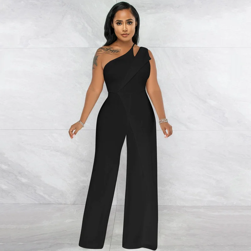 

WUHE One Shoulder Skew Neck High Waist Tunic Wide Leg Women Jumpsuit 2022 Summer Office Lady Chic Elegant Playsuit