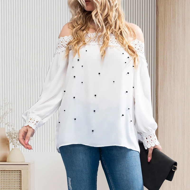 

2023 Long Sleeve Loose Casual Tops Sexy Off Shoulder Elegant Lace Chiffon Blouse Women 4XL Hollow Out Beading White Shirt 28084