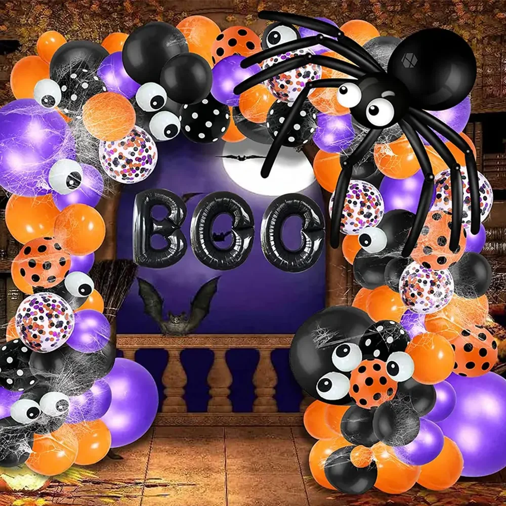 

Halloween Balloon Garland Arch kit Black Orange Purple Balloons Party Decorations with Spider Web