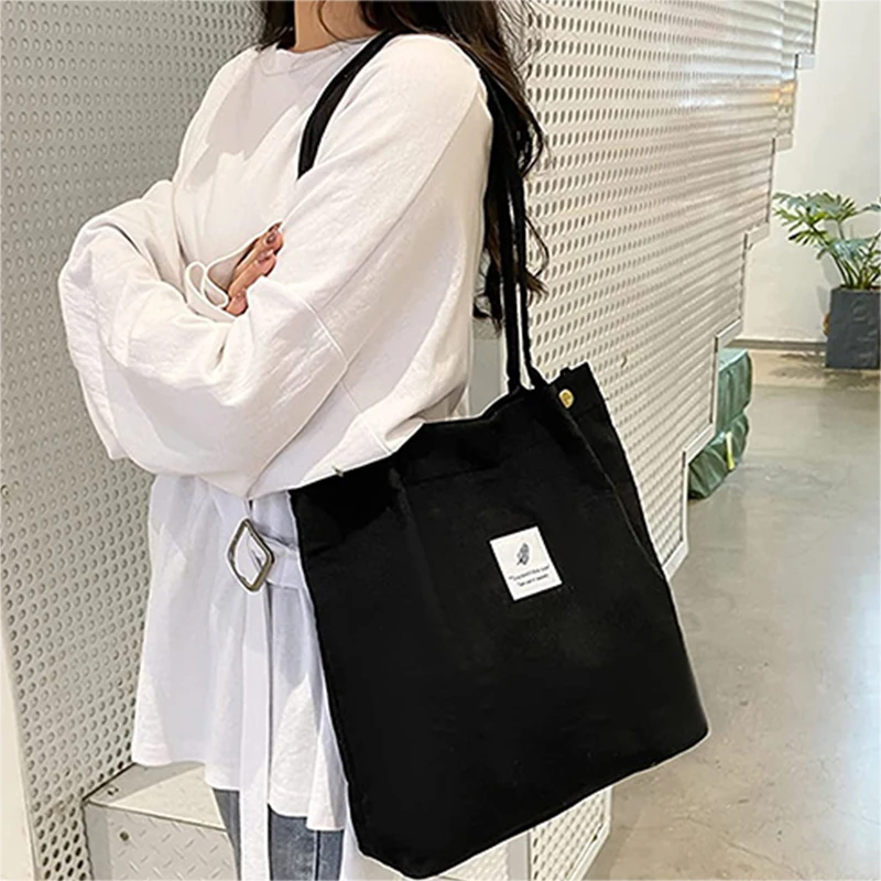 

2022 New Corduroy Shoulder Bag Women Reusable Shopping Bags Solid Color Casual Tote Bags Female Handbag With Button Eco Organize