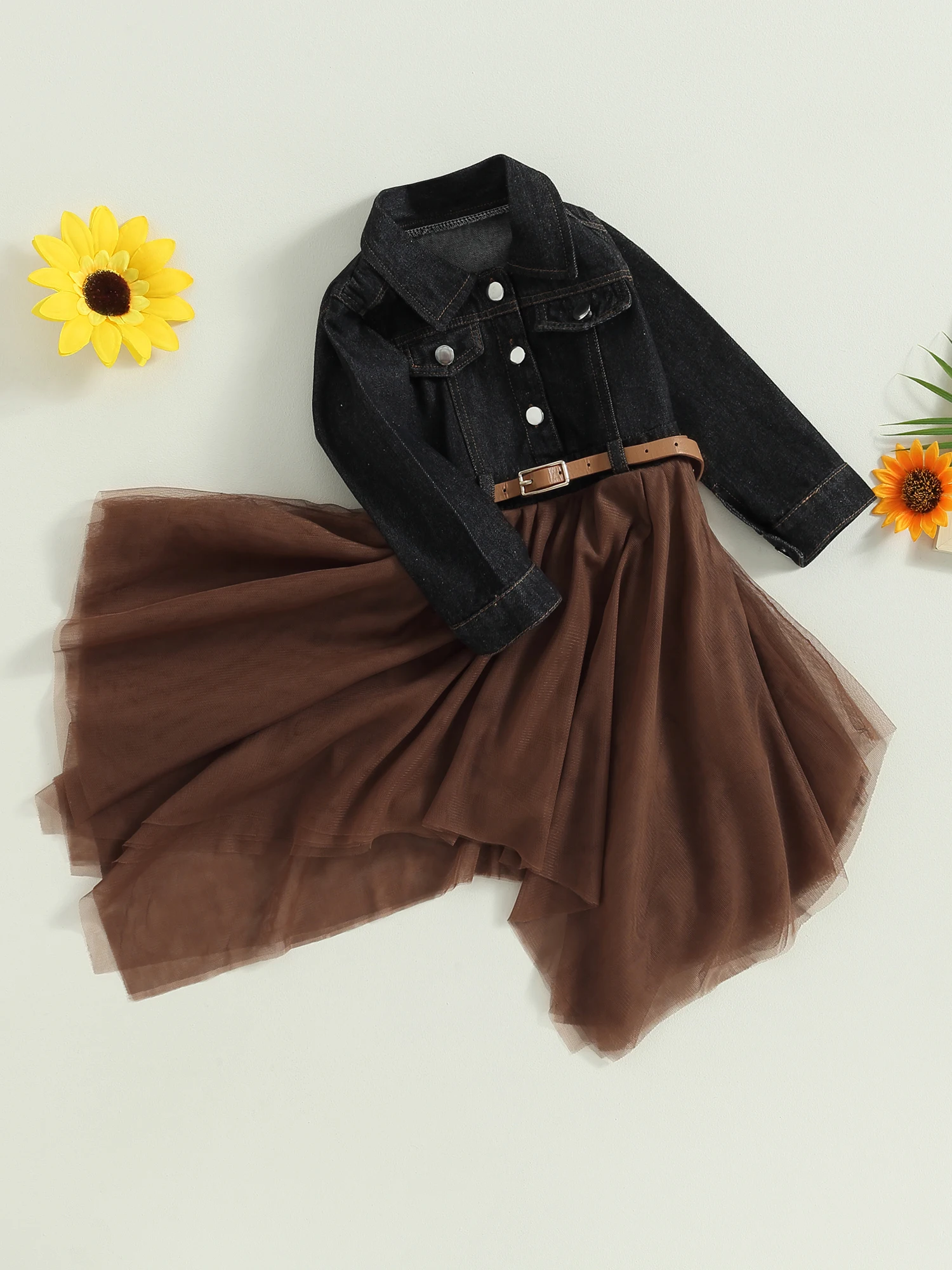 

Джинсовое платье-пачка для девочек, с пуговицами и отворотом, джинсовая строчка, Тюлевая юбка с поясом и сарафан принцессы