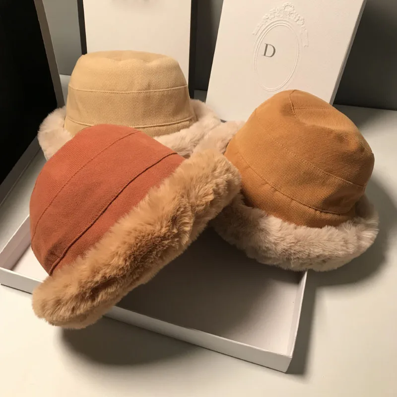 

Korean Trendy Plush Warm Fisherman Caps Female Winter Thickened Bucket Hats Fashion Imitation Lamb Velvet Panama Basin Hat