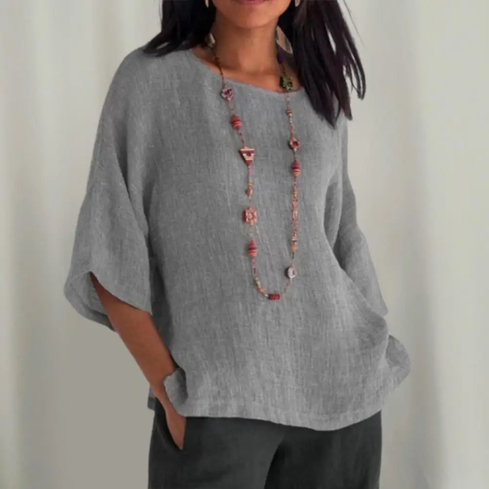 

Attractive Women Tunic 3/4 Sleeves Comfy Female Loose-fitting Pure Color Blouse