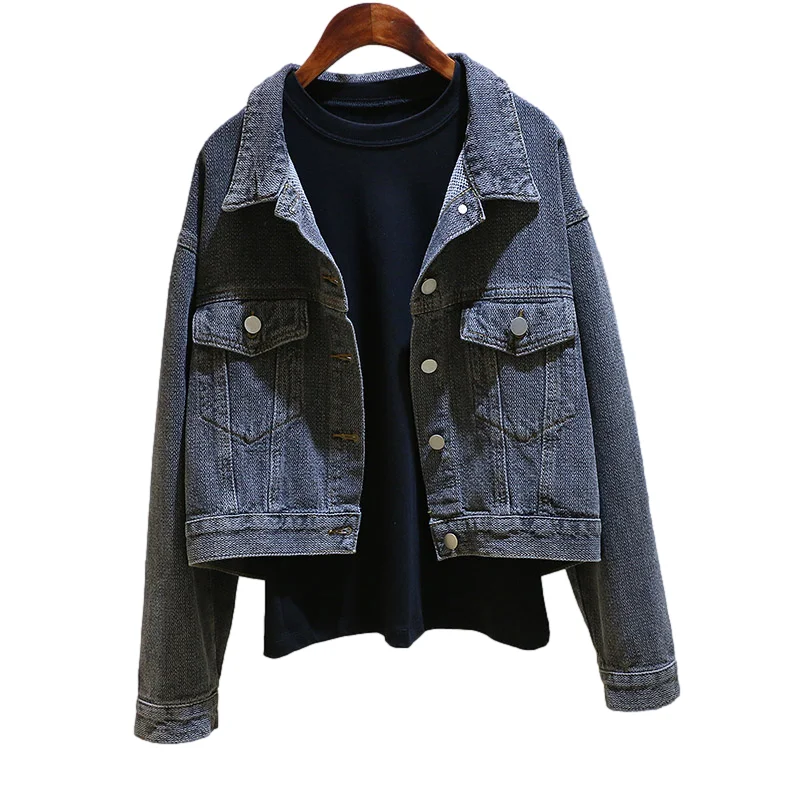 

Autumn New Vintage Dark Grey Denim Jacket Women Long Sleeve Big Pocket Casual Cowboy Outerwear Loose Short Jeans Jackets Female