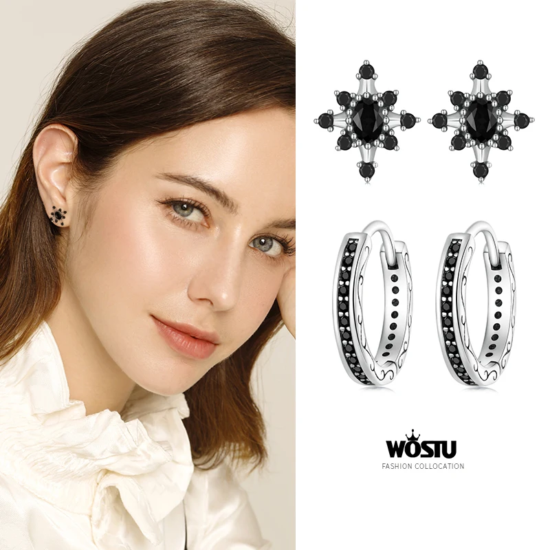 WOSTU 925 Sterling Silver Classical Round Balck Cz Hoop Earrings For Women Wedding Dangle Drop Earring Clips Party Jewelry Gift |