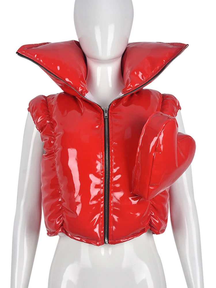 Sifreyr Heart Design Stand Collar Vests Women Fashion Zipper PU Leather Cotton Padded Puffer Vests Winter Warm Parkas Jacket Y2K