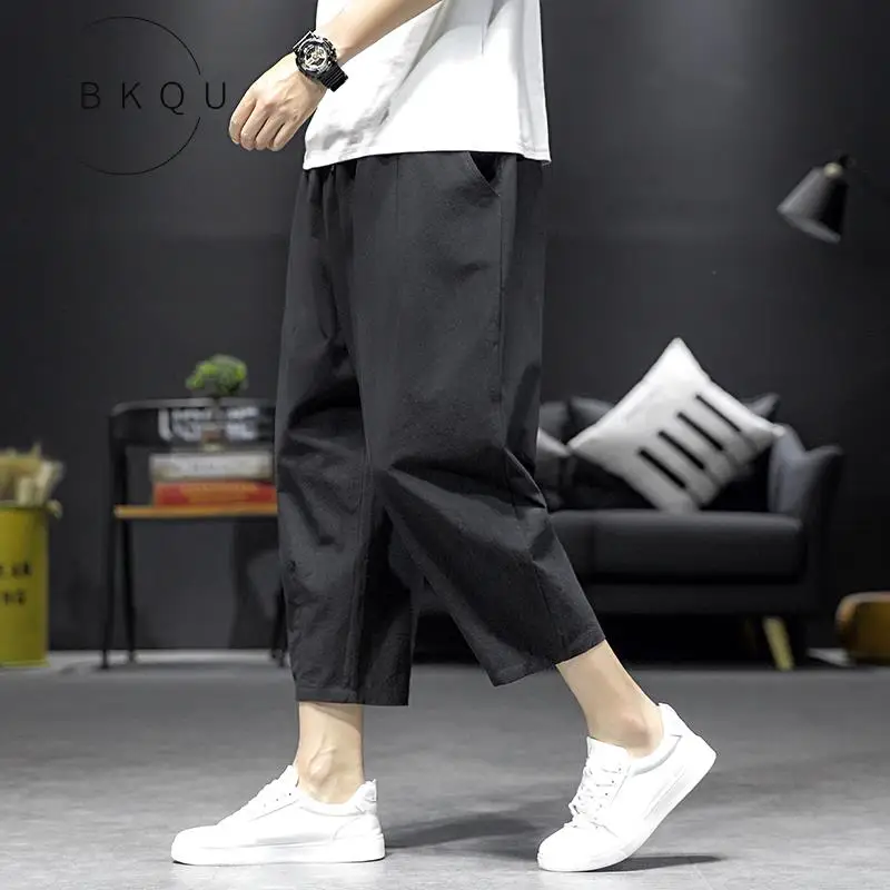 

BKQU Cotton and linen 7 minutes of pants men loose big yards summer trend thin section straight harlan sweatpants