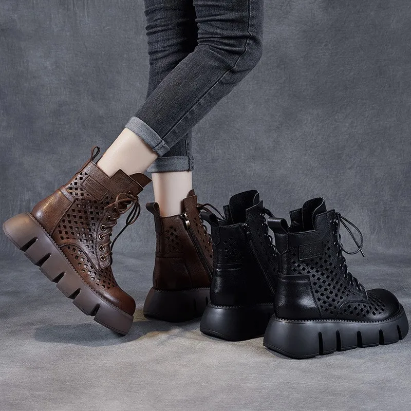 Cowhide muffin bottom retro hollowed-out Martin boots women's thin short boots 2023 new spring and summer heel shoes cool boots