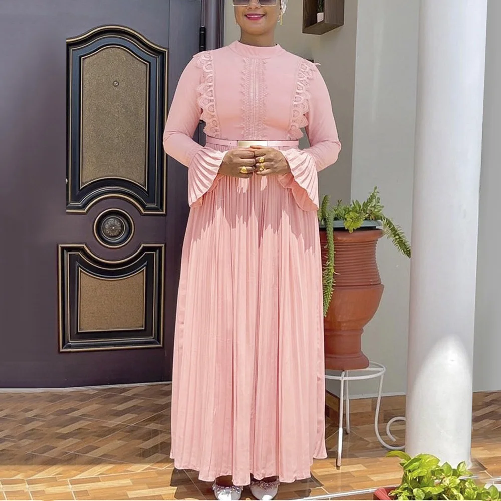 

African Fashion Dress Pleated High Waisted Flare Sleeve Chiffon Muslim French Ladies Vintage Elegant Luxury Long Vestidos Mujer