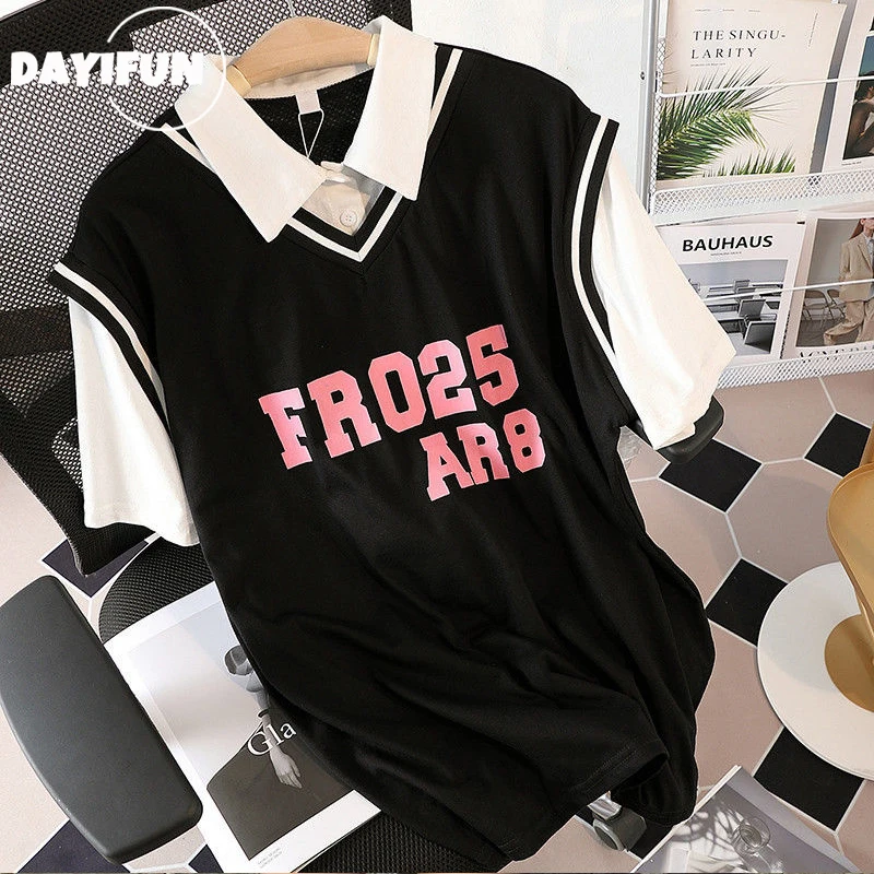 

Футболка DAYIFUN с имитацией двух частей, футболка-поло большого размера с коротким рукавом, летняя Корейская Повседневная футболка с отворото...