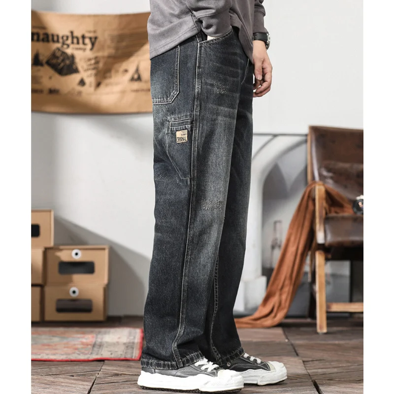 Men Clothing New Recreational Vintage Broad Leg Blue Black Jeans Straight Cylinder Large Loose The Floor Trousers Autumn Female
