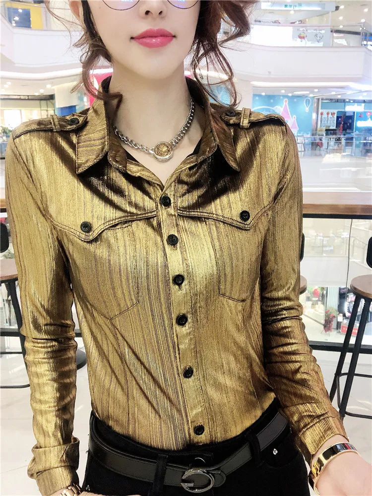 

Metallic Long Sleeve Chic Women Working Shirts Sleek Slim Fit
